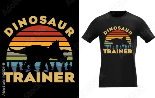 Retro sunset silhouette of a dinosaur trainer with a t rex perfect for halloween costumes and themed events evoking a vintage adventurous spirit