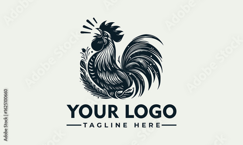 Vintage style rooster logo design with stylized feathers and a crowing rooster.