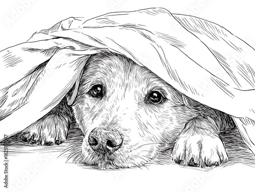 A cute dog hides under a blanket, drawn in intricate detail, capturing its vulnerable and endearing expression.