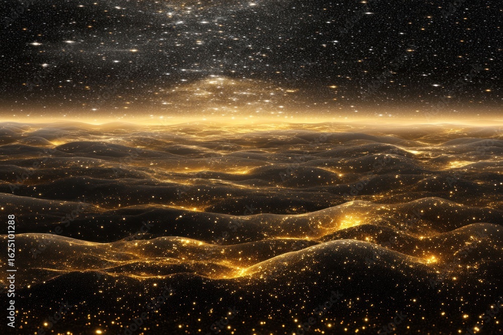 Fototapeta premium Celestial Golden Landscape: A cosmic vista of shimmering, golden waves under a starlit sky. An otherworldly scene of serene beauty and celestial wonder.