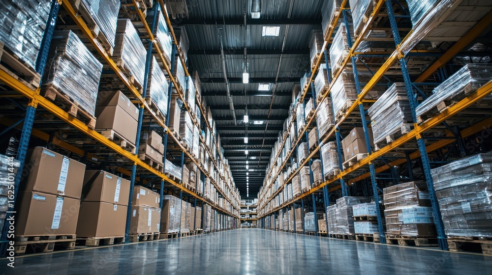 Obraz premium A spacious warehouse with rows of high shelves filled with numerous boxes and pallets of goods.