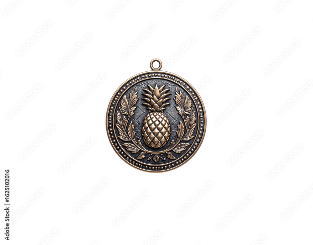 Fototapeta premium Ornate round bronze medallion with a central pineapple relief and leafy wreath.