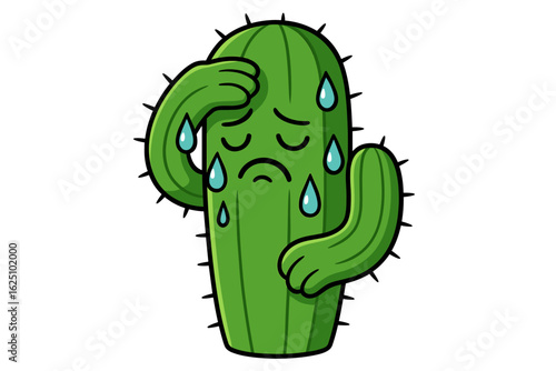 Vector illustration of a green cactus crying tears with drooping arms