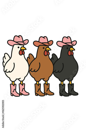 Vector illustration of three chickens wearing cowboy hats and boots