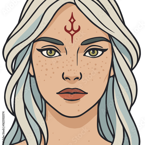 Vector illustration of a mystical woman with long white hair, freckles, and a red forehead symbol