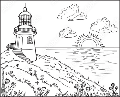 Beautiful landscape with lighthouse sea sunset scenery black outline vector illustration coloring page design for children and adults