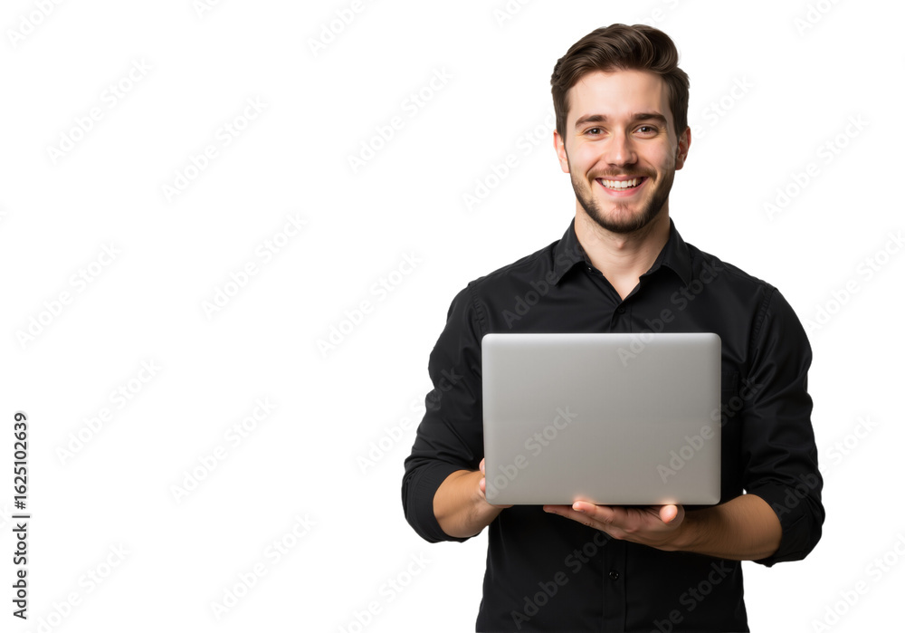A smiling young man in a black shirt cradles a laptop against a white backdrop, showcasing a polished and approachable look. A smiling young man in a black shirt cradles a laptop against a white backdrop, showcasing a polished and approachable look.