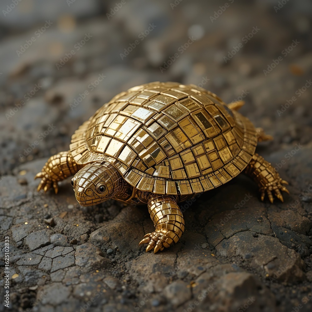 Fototapeta premium Golden Turtle: A Mysterious Treasure with a Sturdy Shell and Delicate Claws