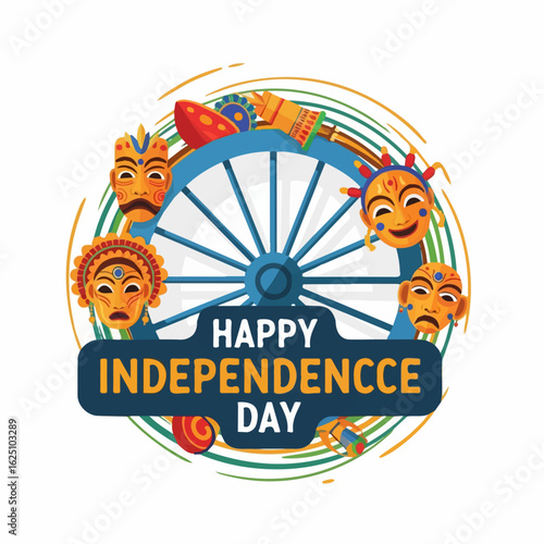 Festive Indian Independence Day design featuring vibrant masks and a Dharmachakra wheel, radiating celebratory joy.