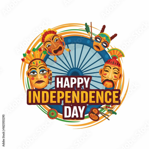 Vibrant Indian masks encircle a Dharmachakra, celebrating a joyful and colorful Independence Day.