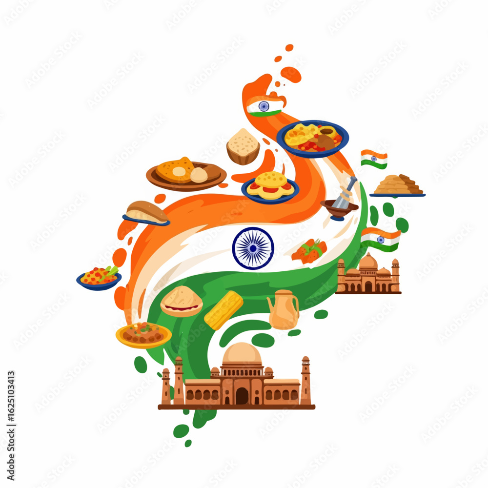 Obraz premium Delicious Indian food and iconic landmarks swirl together in vibrant celebration of India's rich culture.