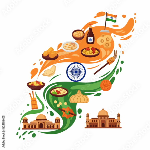 Vibrant Indian food and architectural landmarks swirl in a dynamic display celebrating India's culture and heritage.