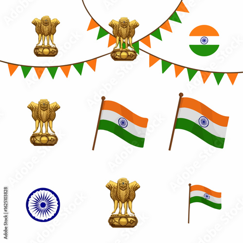 Festive Indian flags and emblems celebrate national pride with bunting against a white background.