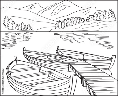 Beautiful landscape with mountain and boat in river scenery black outline vector illustration coloring page design for children and adults