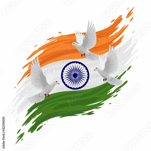 Three white doves soar gracefully against a vibrant, stylized Indian flag, symbolizing peace and freedom.