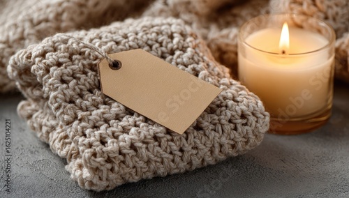 A beige knitted garment rests on a gray surface, a blank tag affixed, beside a lit candle