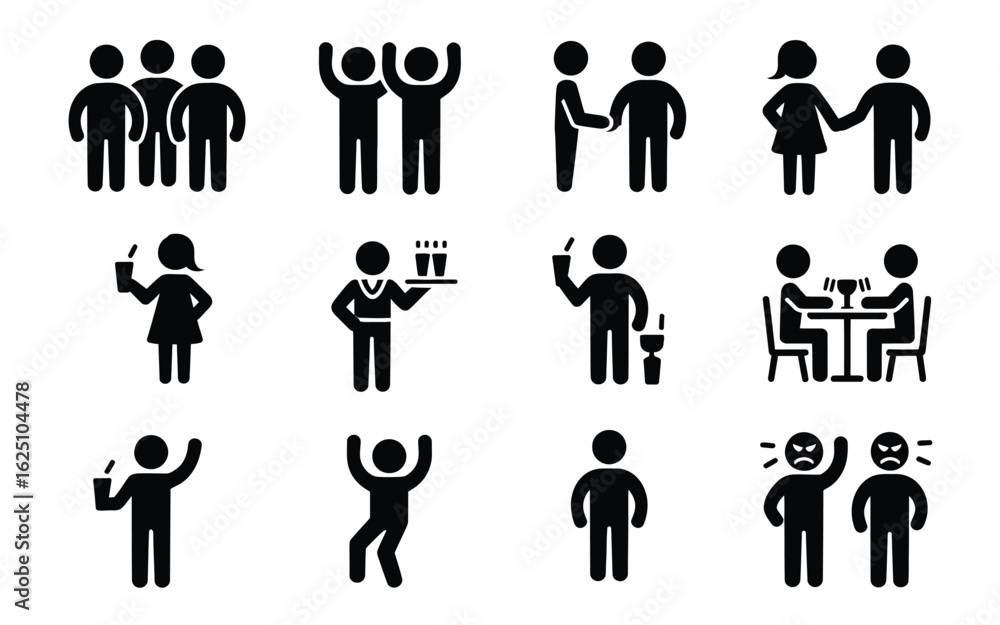 Diverse stick figure people in social scenarios icon set Diverse stick figure people in social scenarios icon set