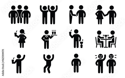 Diverse stick figure people in social scenarios icon set