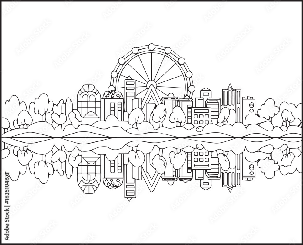Obraz premium Beautiful landscape of city building view beside river with natural scenery black outline vector illustration coloring page design for children and adults