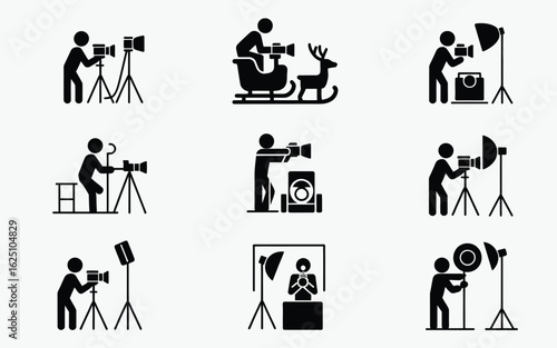 Photographer pictograms with camera equipment and lighting icon set