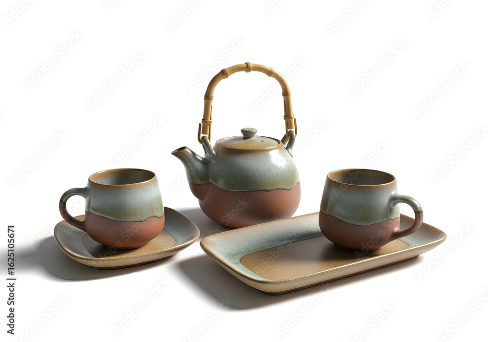 Fototapeta premium Rustic pottery tea set isolated