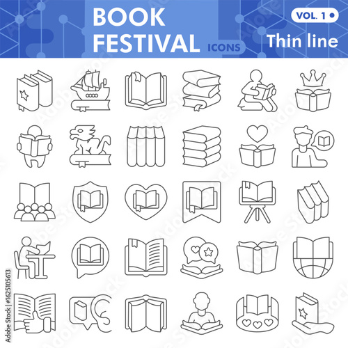 Book festival symbols collection or sketches, books theme in linear style signs for web and app. Vector graphics isolated on white background.