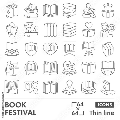 Book festival symbols collection or sketches, books theme in linear style signs for web and app. Vector graphics isolated on white background.