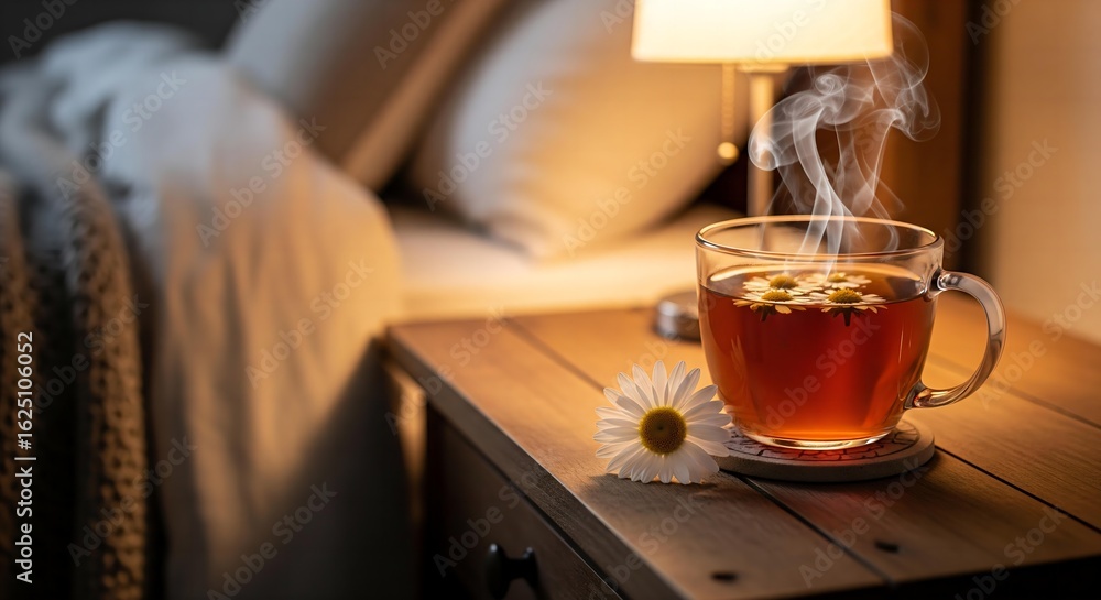 A soothing mug of warm chamomile tea on a bedside table, creating a cozy and relaxing bedtime atmosphere. A soothing mug of warm chamomile tea on a bedside table, creating a cozy and relaxing bedtime atmosphere.