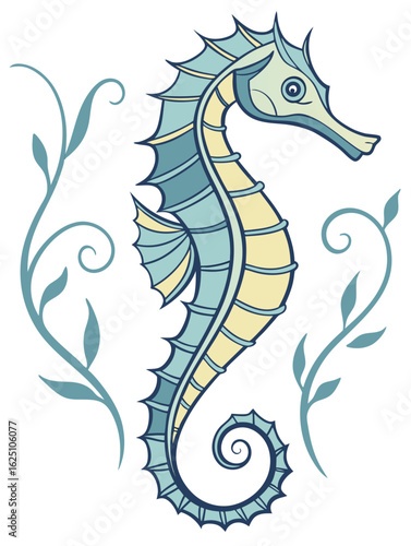  Seahorse with Seaweed Marine Life Illustration for Ocean Themed Design & Education