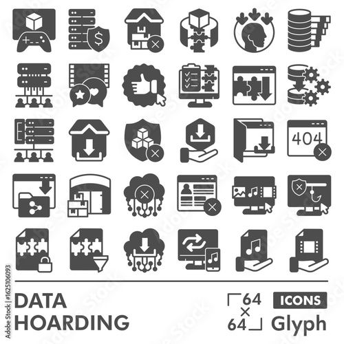 Data hoarding symbols collection or sketches, disk storage theme in glyph style signs for web and app. Vector graphics isolated on white background.