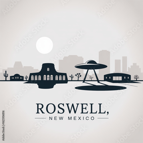 Roswell  Skyline Silhouette - UFO Theme City in New Mexico Vector Illustration