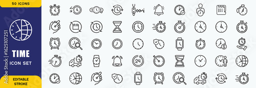 Time line icons set. Timer, alarm clock, wristwatch, smart watch, hourglass, schedule calendar vector illustration. Outline signs about notification. Editable Strok