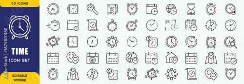 Time line icons set. Timer, alarm clock, wristwatch, smart watch, hourglass, schedule calendar vector illustration. Outline signs about notification. Editable Strok