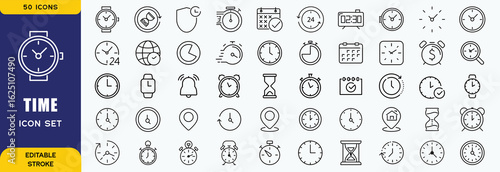Time line icons set. Timer, alarm clock, wristwatch, smart watch, hourglass, schedule calendar vector illustration. Outline signs about notification. Editable Strok