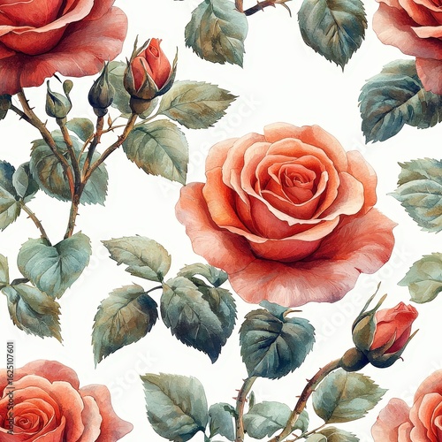 Watercolor rose flower plant flora bloom botany seamless pattern ornament tile design