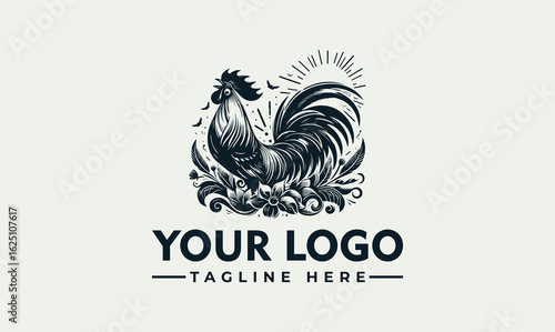 A stylized rooster illustration with floral elements, sun rays, and customizable text, perfect for branding.