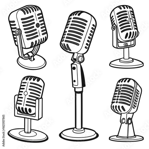 Vintage microphones vector illustration set for audio recording, podcasting and music broadcasting equipment
