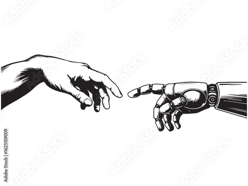 Human helping hand Robot digital version line art, Touching virtual world, touch the finger of human outline background, artificial intelligence technology	