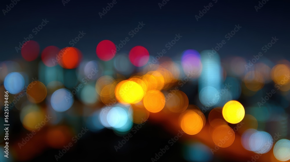 Fototapeta premium Abstract background of blurred city lights at night, creating a dreamy and vibrant urban backdrop. Bokeh, lively.