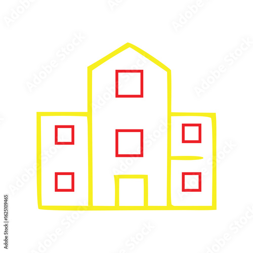 A simple, minimalistic house drawing with geometric shapes. The house is outlined in yellow with windows and doors represented as red squares.