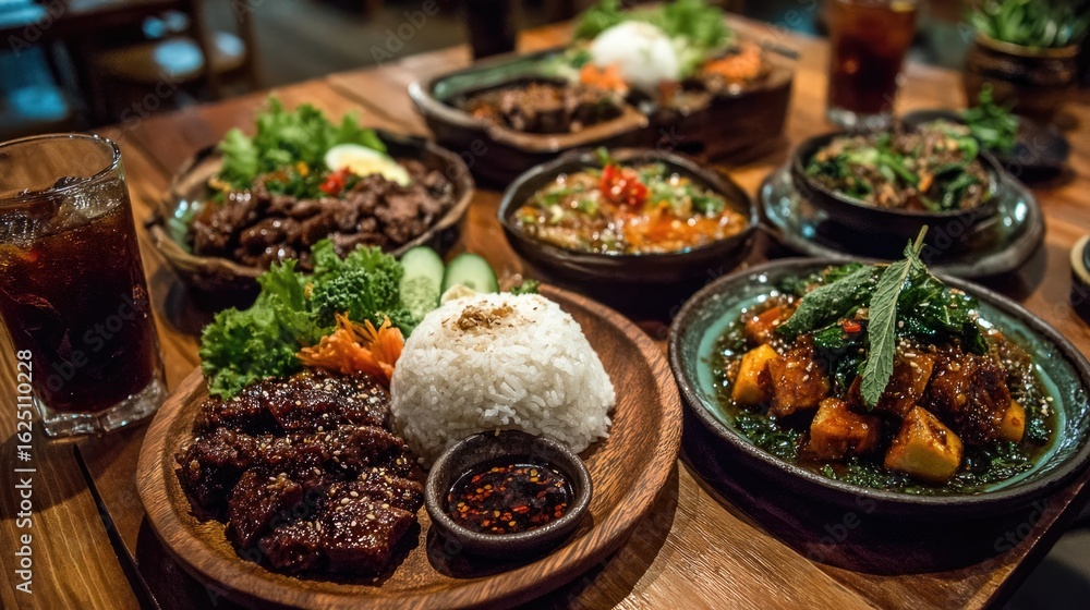 Fototapeta premium Delicious spread of Asian dishes with rice and colorful vegetables.