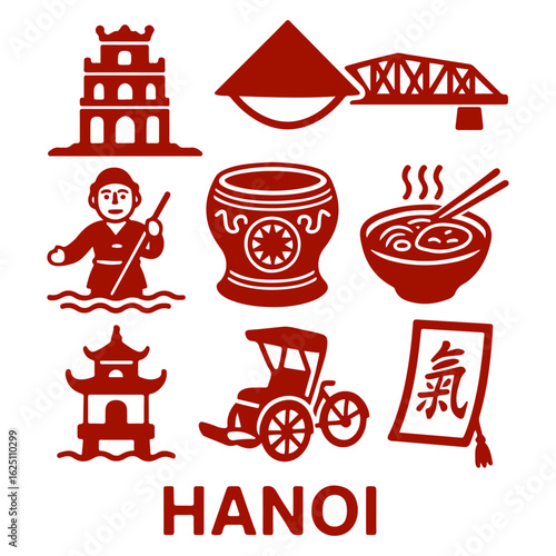 vector isolated red color hanoi traditional cultural symbols