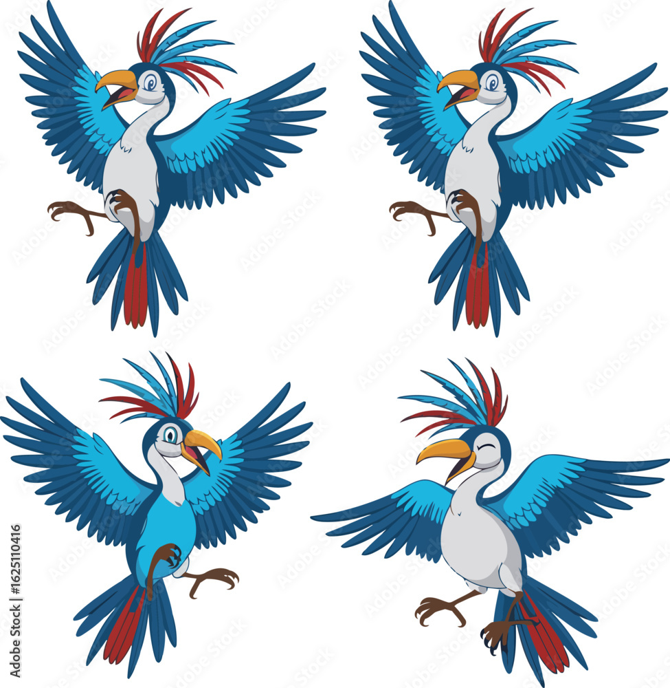Naklejka premium Four cartoon birds are flying with their wings spread
