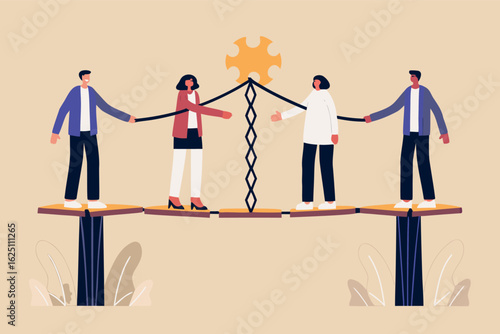 Four diverse colleagues collaborate bridging gaps for shared success innovative problem solving under a unifying golden