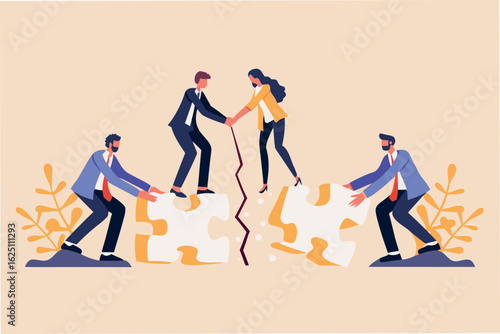 Connecting fractured pieces symbolizing unity and collaboration overcoming division facilitated by bridge building