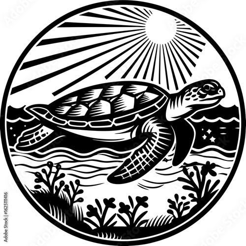 Turtle Swimming Near Surface with Sun Rays