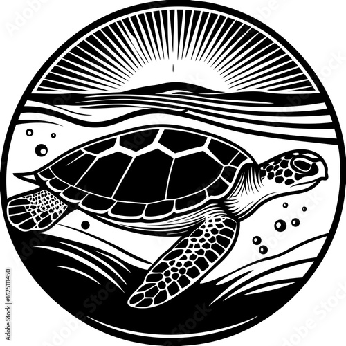 Turtle Swimming Near Surface with Sun Rays