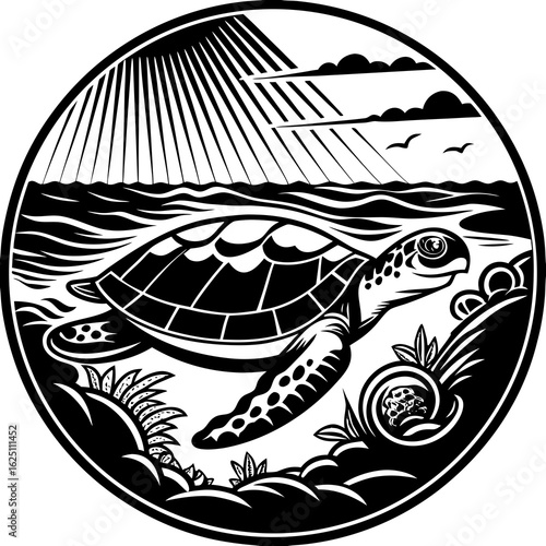 Turtle Swimming Near Surface with Sun Rays