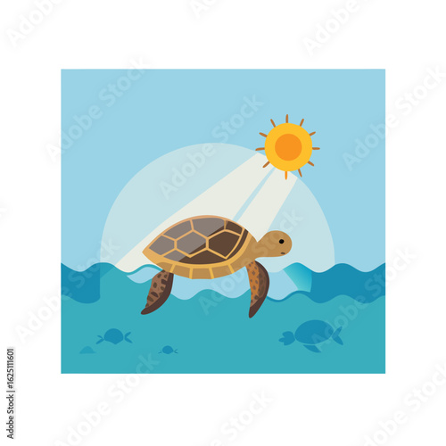 Turtle Swimming Near Surface with Sun Rays