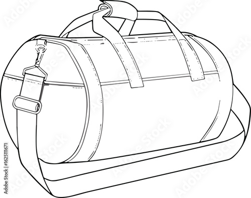 Duffel bag line drawing, cylindrical shape, top zipper closure, adjustable shoulder strap, reinforced base, travel gear sketch, vector illustration, fashion accessory mockup